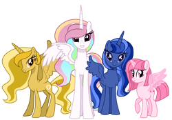 Size: 3174x2209 | Tagged: safe, artist:muhammad yunus, oc, oc only, oc:annisa trihapsari, oc:princess blue star, oc:princess golden star, oc:rainbow diamond, oc:sunny glow, alicorn, earth pony, pony, series:the guardian of leadership, g4, base used, high res, looking at you, magic, princess, simple background, smiling, smiling at you, transparent background