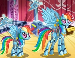 Size: 564x436 | Tagged: safe, gameloft, rainbow dash, gynoid, pony, robot, robot pony, g4, my little pony: magic princess, concave belly, cropped, duality, female, height difference, long legs, physique difference, rainbot dash, roboticization, slender, spread wings, standing, tall, thin, wings