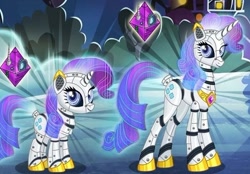 Size: 596x415 | Tagged: safe, gameloft, rarity, gynoid, pony, robot, robot pony, g4, my little pony: magic princess, alternate hairstyle, concave belly, cropped, duality, female, height difference, long legs, physique difference, raribot, robo rarity, roboticization, slender, supercharged rarity, tall, thin