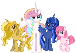Size: 3174x2209 | Tagged: safe, artist:muhammad yunus, oc, oc only, oc:annisa trihapsari, oc:princess blue star, oc:princess golden star, oc:rainbow diamond, oc:sunny glow, alicorn, earth pony, pony, series:the guardian of leadership, g4, base used, concave belly, high res, looking at you, not celestia, not luna, princess, simple background, slender, smiling, smiling at you, thin, transparent background