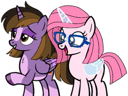 Size: 763x576 | Tagged: safe, artist:noi kincade, oc, oc only, oc:annisa the good pony, oc:princess kincade, alicorn, earth pony, pony, g4, duo, duo female, female, glasses, happy, magic, mare, open mouth, open smile, short hair, simple background, smiling, sultry pose, transparent background