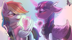 Size: 3840x2160 | Tagged: safe, artist:brainiac, rainbow dash, twilight sparkle, alicorn, pegasus, pony, g4, clothes, collar, duo, duo female, feather, feather in hair, female, food, high res, ice cream, ice cream cone, implied lesbian, jacket, lesbian, levitation, magic, mare, ship:twidash, shipping, spoilers for another series, steven quartz universe, steven universe, steven universe future, sweater, telekinesis, twilight sparkle (alicorn), varsity jacket