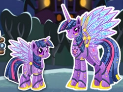 Size: 782x581 | Tagged: safe, gameloft, twilight sparkle, gynoid, pony, robot, robot pony, g4, my little pony: magic princess, concave belly, cropped, duality, female, height difference, long legs, mare, physique difference, roboticization, slender, spread wings, tall, thin, twibot, wings