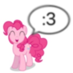 Size: 720x720 | Tagged: safe, artist:xxthehtfgodxx, edit, pinkie pie, earth pony, pony, g4, :3, ^^, blurry, cute, eyes closed, female, humor, looking at you, mare, meme, needs more jpeg, open mouth, open smile, simple background, smiling, smiling at you, solo, speech bubble, upscaled, white background