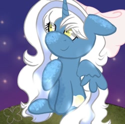 Size: 642x635 | Tagged: safe, artist:clover236, oc, oc only, oc:fleurbelle, alicorn, pony, alicorn oc, bow, female, hair bow, horn, mare, night, night sky, sitting, sky, smiling, solo, stars, wings, yellow eyes