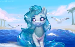Size: 2807x1778 | Tagged: safe, artist:rily, idw, medley brook, earth pony, pony, g4, season 10, blue mane, blue tail, chinese, cute, digital art, female, flowing tail, looking at you, mare, my little pony comic, ocean, sky, smiling, smiling at you, solo, tail, teeth, water, water mane, windswept tail