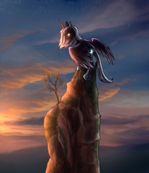 Size: 2560x2970 | Tagged: safe, artist:not-ordinary-pony, derpibooru exclusive, princess luna, alicorn, pony, g4, cloud, glowing cutie mark, high res, s1 luna, scenery, solo, sunset
