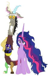 Size: 1280x2019 | Tagged: safe, artist:utts, discord, twilight sparkle, oc, alicorn, draconequus, hybrid, pony, g4, the last problem, female, frown, interspecies offspring, looking at you, male, messy mane, offspring, older, older twilight, older twilight sparkle (alicorn), parent:discord, parent:twilight sparkle, parents:discolight, princess twilight 2.0, ruffled hair, ship:discolight, shipping, simple background, straight, tired, tired eyes, transparent background, twilight sparkle (alicorn), vector