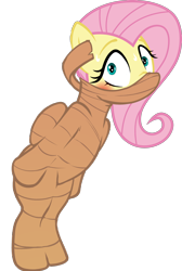 Size: 1500x2226 | Tagged: safe, edit, editor:anonymous, fluttershy, pegasus, pony, g4, /mlp/ latex requests, bandage, bipedal, blushing, bondage, bound wings, cloth gag, female, gag, mare, mummification, mummified, over the nose gag, simple background, solo, sweat, sweatdrops, tied up, transparent background, wide eyes, wings