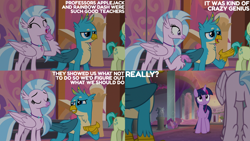 Size: 2000x1125 | Tagged: safe, edit, edited screencap, editor:quoterific, screencap, gallus, sandbar, silverstream, twilight sparkle, alicorn, earth pony, griffon, hippogriff, pony, g4, non-compete clause, butt, female, male, mare, plot, school of friendship, stallion, twilight sparkle (alicorn)