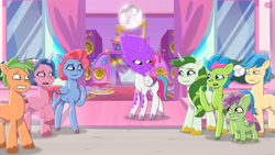 Size: 3072x1727 | Tagged: safe, screencap, grassy hills, luminous dazzle, ollie north, plum library, skysport, strawberry mark, zipp storm, 莉芙, earth pony, pegasus, pony, unicorn, g5, hot day huh?, my little pony: tell your tale, spoiler:g5, spoiler:my little pony: tell your tale, spoiler:tyts01e57, colt, eyebrows, female, foal, frown, male, mane melody (location), mare, open mouth, raised eyebrow, stallion, sweat, sweatdrop, unnamed character