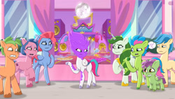 Size: 3072x1727 | Tagged: safe, screencap, grassy hills, luminous dazzle, ollie north, plum library, skysport, strawberry mark, zipp storm, 莉芙, earth pony, pegasus, pony, unicorn, g5, hot day huh?, my little pony: tell your tale, spoiler:g5, spoiler:my little pony: tell your tale, spoiler:tyts01e57, colt, eyebrows, female, foal, frown, male, mane melody (location), mare, open mouth, raised eyebrow, stallion, sweat, sweatdrop, unnamed character