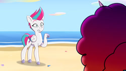 Size: 3072x1727 | Tagged: safe, screencap, misty brightdawn, zipp storm, pegasus, pony, unicorn, g5, hot day huh?, my little pony: tell your tale, spoiler:g5, spoiler:my little pony: tell your tale, spoiler:tyts01e57, beach, duo, duo female, female, frown, mare, rebirth misty