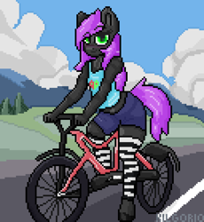 Size: 1280x1390 | Tagged: safe, artist:kilgorio, oc, oc only, oc:lucy violetmane, earth pony, anthro, unguligrade anthro, anthro oc, aseprite, bicycle, black fur, clothes, detailed background, earth pony oc, femboy, full body, green eyes, jeans, looking at you, male, pants, pixel art, purple hair, short jeans, shorts, socks, solo, stallion, striped socks, thigh highs