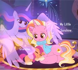 Size: 3135x2797 | Tagged: safe, artist:jaanhavi, luster dawn, sunny starscout, twilight sparkle, alicorn, earth pony, pony, unicorn, g4, g5, the last problem, dialogue, ethereal mane, female, filly, filly sunny starscout, foal, grandmother and grandchild, headcanon, high res, luster dawn is sunny starscout's grandmother, mare, missing accessory, older, older twilight, older twilight sparkle (alicorn), princess twilight 2.0, spirit, translucent, twilight sparkle (alicorn), younger