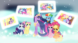Size: 1024x570 | Tagged: safe, artist:velveagicsentryyt, applejack, fluttershy, pinkie pie, rainbow dash, rarity, twilight sparkle, alicorn, pony, friendship is magic, g4, magical mystery cure, the cutie mark chronicles, the last problem, the return of harmony, big crown thingy, deviantart watermark, element of magic, jewelry, mane six, obtrusive watermark, older, older applejack, older fluttershy, older pinkie pie, older rainbow dash, older rarity, older twilight sparkle (alicorn), princess twilight 2.0, regalia, twilight sparkle (alicorn), watermark