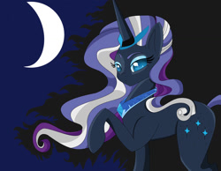 Size: 1015x787 | Tagged: safe, artist:princesslunalicious, nightmare rarity, pony, unicorn, g4, blue eyes, crescent moon, crown, digital art, eyelashes, eyeshadow, female, flowing mane, forest, horn, jewelry, looking at you, makeup, mare, moon, moonlight, night, peytral, purple mane, raised hoof, regalia, simple background, solo