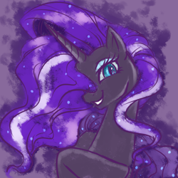 Size: 1000x1000 | Tagged: safe, artist:bunina, nightmare rarity, pony, unicorn, g4, blue eyes, bust, cute, ethereal mane, eyelashes, eyeshadow, female, flowing mane, happy, horn, lidded eyes, looking at you, makeup, mare, open mouth, portrait, purple background, purple mane, raised hoof, simple background, smiling, smiling at you, solo, sparkles, starry mane, stars, traditional art