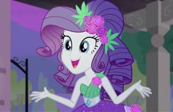 Size: 1114x720 | Tagged: safe, screencap, rarity, human, equestria girls, g4, my little pony equestria girls: better together, pinkie sitting, alternate hairstyle, bare shoulders, clothes, crystal gala dress, cute, dress, eyeshadow, female, flower, flower in hair, makeup, open mouth, open smile, sleeveless, smiling