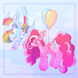 Size: 1000x1000 | Tagged: safe, artist:sugvr_alien, pinkie pie, rainbow dash, earth pony, pegasus, pony, g4, alternate design, balloon, cloud pattern, colored eyebrows, colored eyelashes, colored hooves, colored pinnae, colored wings, duo, ear tufts, floating, flying, heart, heart mark, looking at each other, looking at someone, multicolored wings, no pupils, rainbow wings, redesign, smiling, smiling at each other, star mark, stars, then watch her balloons lift her up to the sky, wings