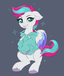 Size: 1317x1574 | Tagged: safe, artist:confetticakez, zipp storm, pegasus, pony, g5, :p, adorazipp, clothes, colored eyebrows, colored wings, cute, ear fluff, eyebrows, female, floppy ears, fluffy, gray background, hoodie, hoof fluff, hooves to the chest, leg fluff, looking at you, mare, multicolored wings, partially open wings, raspberry, simple background, sitting, smiling, smiling at you, solo, sparkles, tongue out, unshorn fetlocks, wing fluff, wings