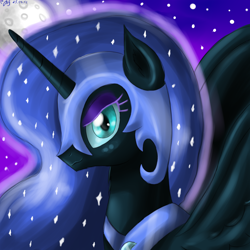 Size: 2000x2000 | Tagged: safe, artist:budgieflitter, nightmare moon, alicorn, pony, g4, blue eyes, blue hair, blue mane, bust, colored pupils, cute, digital art, ethereal mane, eyeshadow, feather, female, helmet, high res, horn, looking at you, makeup, mare, moon, moonabetes, moonlight, night, peytral, portrait, signature, sky, smiling, smiling at you, solo, spread wings, starry mane, stars, wings