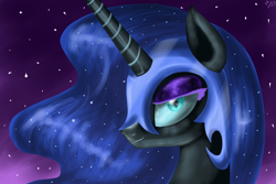 Size: 3000x2000 | Tagged: safe, artist:budgieflitter, nightmare moon, alicorn, pony, g4, bedroom eyes, blue eyes, blue hair, blue mane, bust, colored pupils, cute, digital art, ethereal mane, eyelashes, eyeshadow, female, gradient background, helmet, high res, horn, lidded eyes, long horn, looking at you, makeup, mare, nicemare moon, night, portrait, purple background, signature, sky, smiling, smiling at you, solo, starry mane, stars