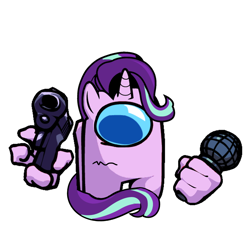 Size: 1280x1280 | Tagged: safe, artist:josephthedumbimpostor, starlight glimmer, g4, among us, friday night funkin', glimpostor, gun, impostor (among us), microphone, missing cutie mark, simple background, solo, vs impostor v4, weapon, white background