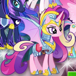 Size: 415x410 | Tagged: safe, gameloft, princess cadance, princess luna, alicorn, bat pony, bat pony alicorn, pony, g4, my little pony: magic princess, bat ponified, bat wings, chaos cadance, chaos luna, cropped, female, horn, mare, race swap, wings