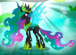 Size: 455x331 | Tagged: safe, gameloft, princess celestia, alicorn, changeling, pony, g4, my little pony: magic princess, changelingified, cropped, crown, fangs, female, flowing mane, flowing tail, hoof shoes, horn, jewelry, mare, princess chryslestia, regalia, species swap, spread wings, tail, teeth, wings