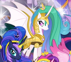 Size: 450x395 | Tagged: safe, gameloft, princess cadance, princess celestia, princess luna, alicorn, bat pony, bat pony alicorn, pony, g4, my little pony: magic princess, bat ponified, bat wings, chaos celestia, chaos luna, cropped, female, horn, mare, race swap, wings