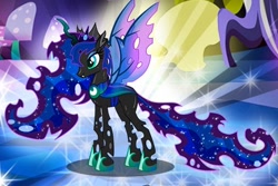 Size: 516x344 | Tagged: safe, gameloft, princess luna, alicorn, changeling, pony, g4, my little pony: magic princess, blue mane, blue tail, changelingified, cropped, crown, eyeshadow, fangs, female, flowing mane, flowing tail, green eyes, hoof shoes, horn, jewelry, makeup, mare, princess lusalis, regalia, solo, species swap, spread wings, tail, teeth, vector, wings