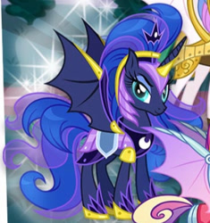 Size: 400x425 | Tagged: safe, gameloft, princess cadance, princess luna, alicorn, bat pony, bat pony alicorn, pony, g4, my little pony: magic princess, bat ponified, bat wings, chaos luna, cropped, female, horn, mare, race swap, wings