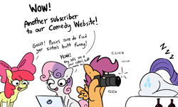 Size: 3734x2250 | Tagged: safe, artist:tjpones, apple bloom, rarity, scootaloo, sweetie belle, earth pony, pegasus, pony, unicorn, g4, apple bloom's bow, bow, butt, camera, clothes, computer, cutie mark crusaders, dialogue, female, hair bow, high res, hoof hold, laptop computer, mare, naivete of youth, oblivious, offscreen character, onomatopoeia, oversized clothes, plot, rearity, sexually oblivious, simple background, sleeping, sound effects, this will end in grounding, this will end in tears, white background, zzz