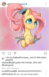 Size: 721x1122 | Tagged: safe, alternate version, artist:inkypuso, artist:thebenalpha, fluttershy, pegasus, pony, g4, alternate hairstyle, blushing, collaboration, cute, female, flower, implied discord, instagram, mare, shyabetes, smiling, solo