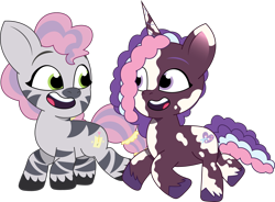 Size: 1640x1210 | Tagged: safe, artist:prixy05, idw, skye, violette rainbow, pony, unicorn, zebra, g5, my little pony: tell your tale, cute, dreadlocks, duo, female, filly, foal, happy, hilarious in hindsight, idw showified, missing braces, open mouth, open smile, show accurate, simple background, smiling, tell your tale accurate, transparent background, vector, vitiligo