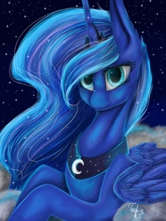 Size: 768x1024 | Tagged: safe, artist:3batterycrowel, princess luna, alicorn, pony, g4, blue eyes, blue mane, cloud, crown, cute, digital art, ear fluff, ethereal mane, feather, female, flowing mane, folded wings, horn, jewelry, long horn, looking at you, lying down, mare, night, peytral, regalia, signature, sky, smiling, smiling at you, solo, sparkles, starry mane, stars, sternocleidomastoid, wings