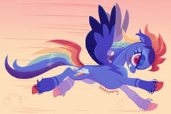 Size: 2804x1878 | Tagged: safe, artist:bishopony, rainbow dash, pegasus, pony, g4, alternate design, blush scribble, coat markings, colored hooves, colored pinnae, colored wings, concave belly, fast, female, flying, gradient background, gradient mane, grin, high res, lightning mark, mare, signature, slender, smiling, solo, speed lines, spread wings, stylized, thin, torn ear, two toned wings, unshorn fetlocks, wings