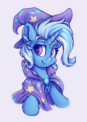 Size: 500x700 | Tagged: safe, artist:zeepheru_pone, trixie, pony, unicorn, g4, bust, cape, chest fluff, clothes, cute, ear fluff, female, hat, leg fluff, looking at you, mare, portrait, simple background, smiling, solo, trixie's cape, trixie's hat