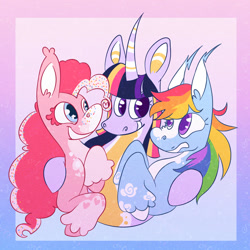 Size: 1000x1000 | Tagged: safe, artist:sugvr_alien, pinkie pie, rainbow dash, twilight sparkle, alicorn, earth pony, pegasus, pony, g4, alternate design, gradient background, hug, redesign, trio