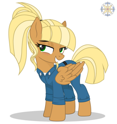 Size: 3500x3700 | Tagged: safe, artist:r4hucksake, oc, oc only, oc:center punch, pegasus, pony, bedroom eyes, blushing, clothes, eyeshadow, female, folded wings, grin, high res, makeup, mare, overalls, pegasus oc, shadow, signature, simple background, smiling, solo, transparent background, wings