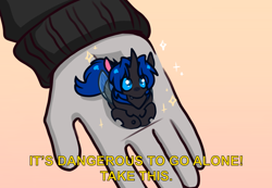 Size: 1904x1321 | Tagged: safe, artist:lrusu, oc, oc only, oc:swift dawn, changeling, blue changeling, blue eyes, changeling oc, chibi, commission, cute, eye clipping through hair, fangs, hand, horn, it's dangerous to go alone, looking at you, looking up, lying down, male, micro, ocbetes, prone, simple background, smol, solo, sparkles, stars, text, tiny, wings, ych result
