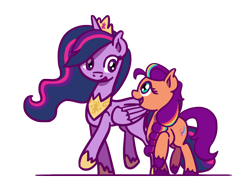 Size: 1800x1350 | Tagged: safe, artist:flutterluv, sunny starscout, twilight sparkle, alicorn, earth pony, pony, g4, g5, the last problem, crown, duo, ethereal mane, generation leap, height difference, hoof shoes, jewelry, looking at each other, looking at someone, mane stripe sunny, older, older twilight, older twilight sparkle (alicorn), peytral, princess shoes, princess twilight 2.0, regalia, simple background, smiling, sunny and her heroine, tall, transparent background, twilight sparkle (alicorn), unshorn fetlocks, walking