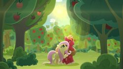 Size: 1920x1080 | Tagged: safe, anonymous artist, big macintosh, fluttershy, earth pony, pegasus, pony, g4, apple, apple tree, bedroom eyes, blushing, duo, female, hoof on shoulder, lens flare, looking at each other, looking at someone, male, mare, screencap background, ship:fluttermac, shipping, smiling, smiling at each other, stallion, straight, sun, sweet apple acres, tree