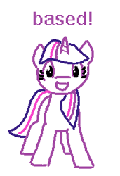 Size: 215x315 | Tagged: safe, artist:purblehoers, twilight sparkle, pony, unicorn, g4, based, excited, female, mare, open mouth, simple background, smiling, solo, text, unicorn twilight, white background