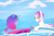 Size: 2679x1747 | Tagged: safe, artist:aztrial, misty brightdawn, zipp storm, pegasus, pony, unicorn, g5, hot day huh?, my little pony: tell your tale, spoiler:g5, spoiler:my little pony: tell your tale, adorazipp, beach, cloud, cute, duo, eyes closed, female, grin, mare, mistybetes, ocean, rebirth misty, scene interpretation, smiling, surfboard, unshorn fetlocks, water, wet, wet mane