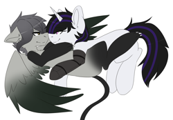 Size: 1972x1376 | Tagged: safe, artist:oddends, oc, oc only, oc:dusklight radiance, oc:ion sparkplug, cyborg, demon, demon pony, pegasus, pony, unicorn, base used, large wings, looking at each other, looking at someone, simple background, snuggling, white background, wholesome, wings