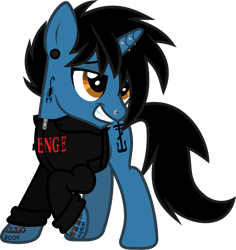 Size: 1025x1085 | Tagged: safe, artist:lightningbolt, derpibooru exclusive, pony, unicorn, g4, .svg available, clothes, ear piercing, frank iero, gauges, grin, hair over one eye, hoodie, horn, horn piercing, lidded eyes, lip piercing, long sleeves, looking up, male, my chemical romance, nose piercing, piercing, ponified, raised hoof, shirt, show accurate, simple background, smiling, solo, stallion, svg, t-shirt, tattoo, transparent background, vector