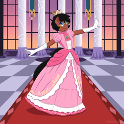 Size: 2048x2048 | Tagged: safe, artist:shallowwin, oc, oc only, oc:benjamin terrance tover, earth pony, anthro, ballroom, clothes, crossdressing, crown, dress, gown, high res, jewelry, male, princess peach, regalia, solo, super mario bros.