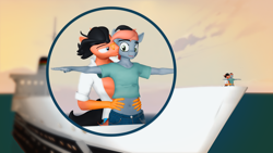 Size: 3840x2160 | Tagged: safe, artist:willitfit, part of a set, oc, oc:benjamin terrance tover, oc:tristan sev, anthro, g4, 3d, benny and tristan's magical adventure, cruise ship, hands on waist, high res, kissing, male, surprise kiss, surprised, titanic